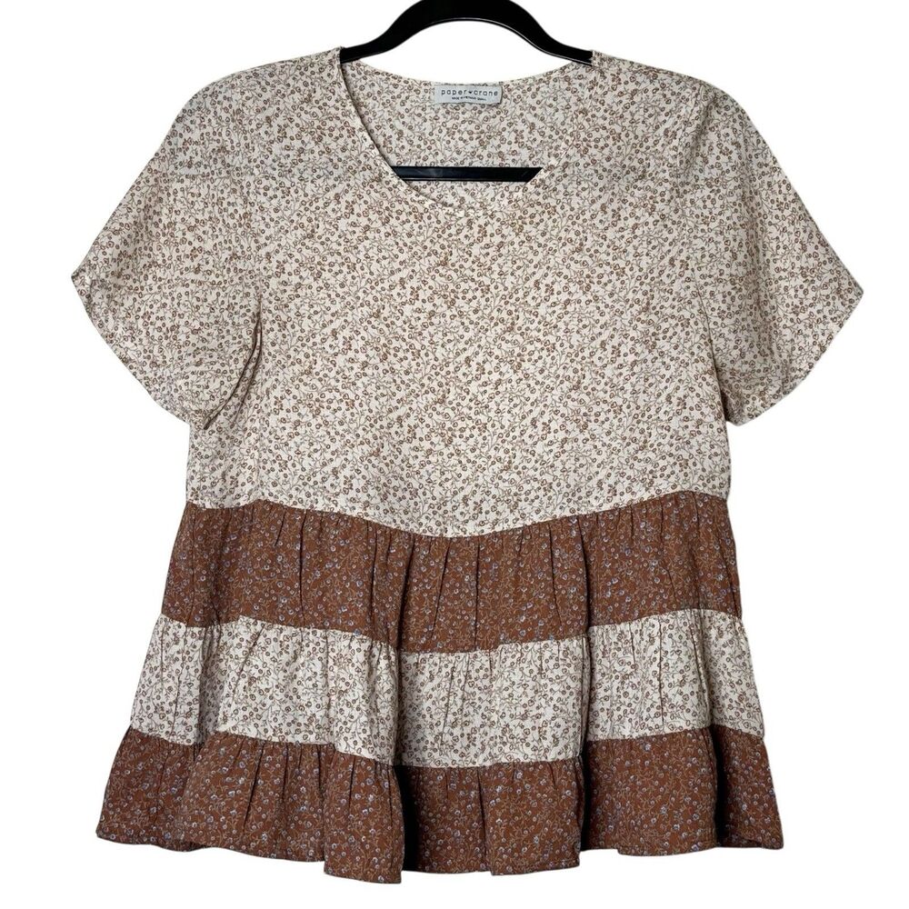Anthropology Paper Crane Floral Print SMALL Tiered Babydoll Short Sleeve Shirt‎